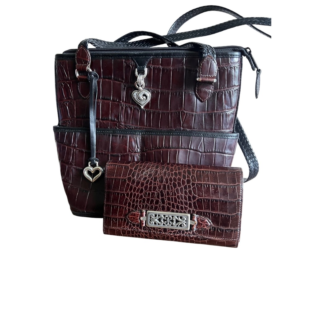 Brighton Set Croc Embossed Leather  Shoulder Bag Burgundy Heart Charm and Wallet